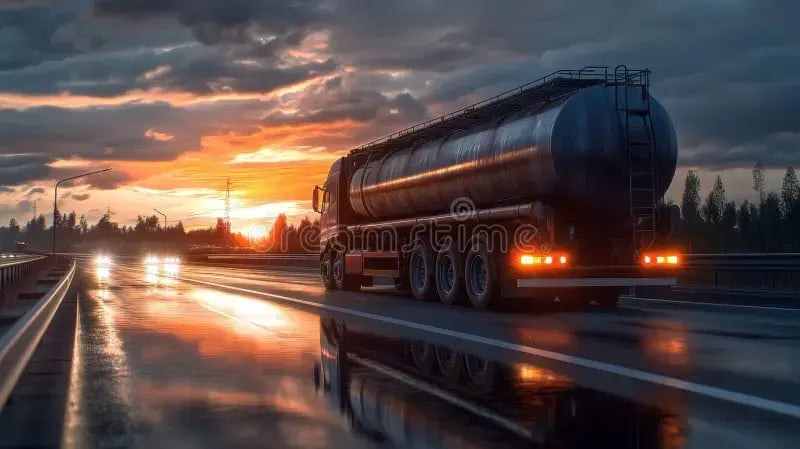 camión-de-combustible-en-autopista-al-atardecer-con-luces-brillantes-y-cielo-nublado-expansivo-del-depósito-la-generado-por-ia-383764437